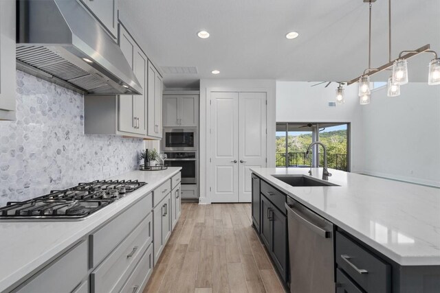 1029 Villa Rialto Vw, Leander, TX 78641 - kitchen with wall chimney range hood, stainless steel appliances, a sink, light wood finished floors, and tasteful backsplash