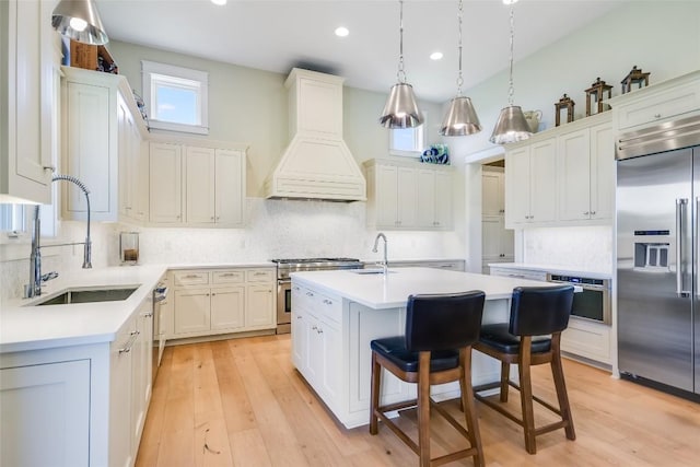 kitchen with light countertops, premium range hood, a sink, and high quality appliances