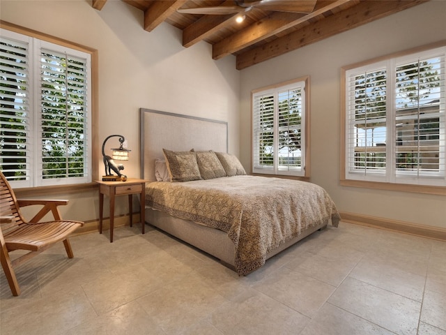 bedroom with ceiling fan, wood ceiling, beam ceiling, and multiple windows