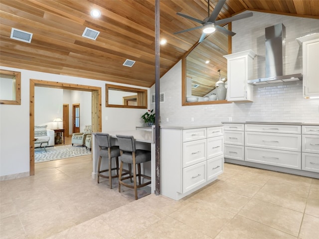 kitchen featuring ceiling fan, lofted ceiling, wall chimney range hood, white cabinetry, and wooden ceiling