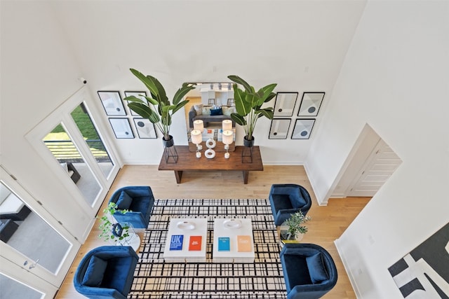 living room with wood-type flooring and a high ceiling