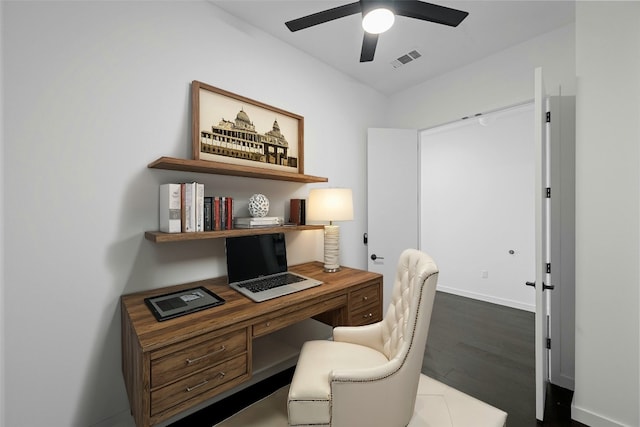 office area featuring ceiling fan and hardwood / wood-style flooring