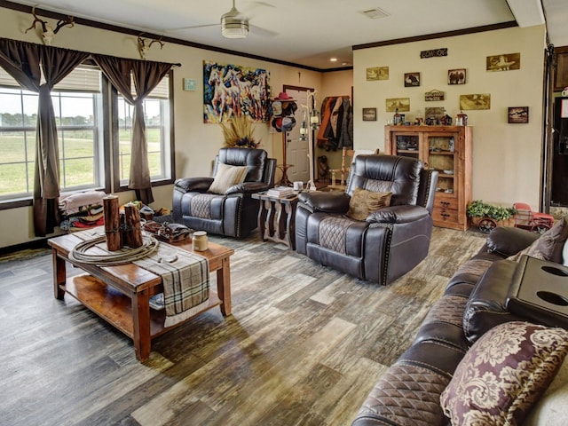 living room featuring wood-type flooring, ornamental molding, and ceiling fan