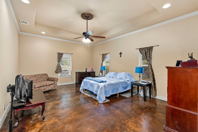 bedroom featuring ceiling fan, a raised ceiling, and crown molding