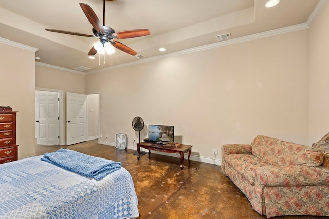 bedroom featuring ceiling fan and ornamental molding