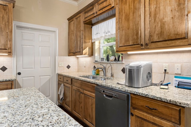 kitchen with black dishwasher, tasteful backsplash, sink, crown molding, and light stone countertops