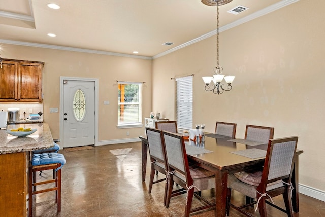 dining room with a notable chandelier and ornamental molding