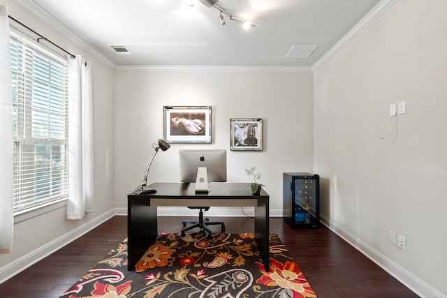 office with crown molding and dark hardwood / wood-style flooring