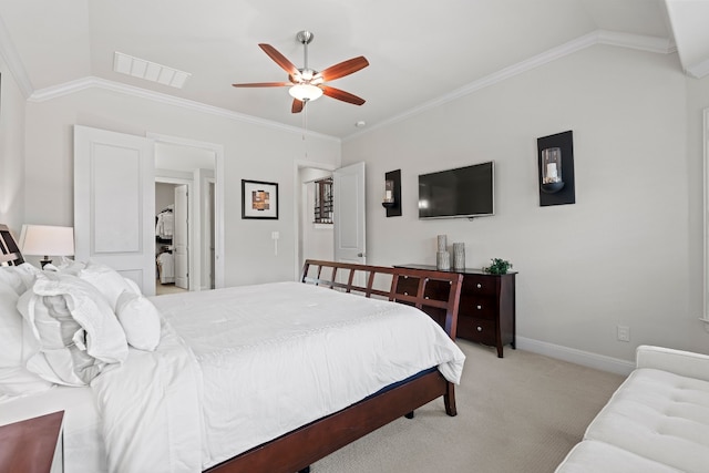 bedroom featuring ceiling fan, crown molding, vaulted ceiling, and light carpet