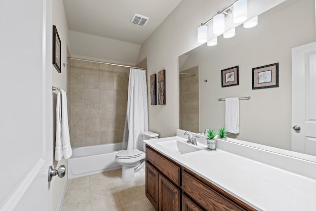 full bathroom with shower / tub combo, tile patterned floors, vanity, and toilet