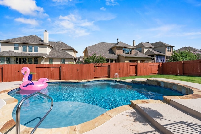 view of pool with a fenced backyard, a fenced in pool, a gate, and a residential view