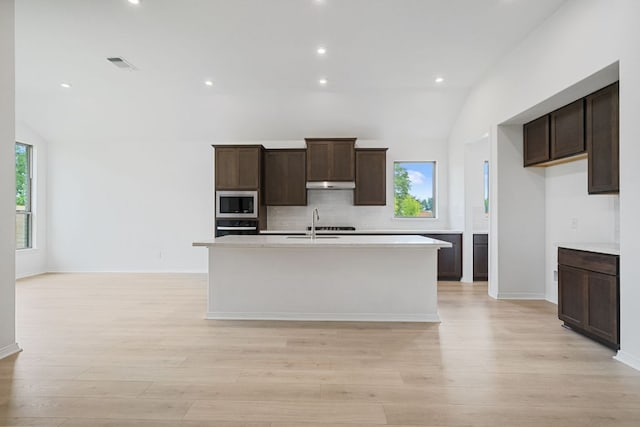 408 Ridgewell Loop, Georgetown, TX 78633 - kitchen with lofted ceiling, stainless steel microwave, under cabinet range hood, black oven, and healthy amount of natural light