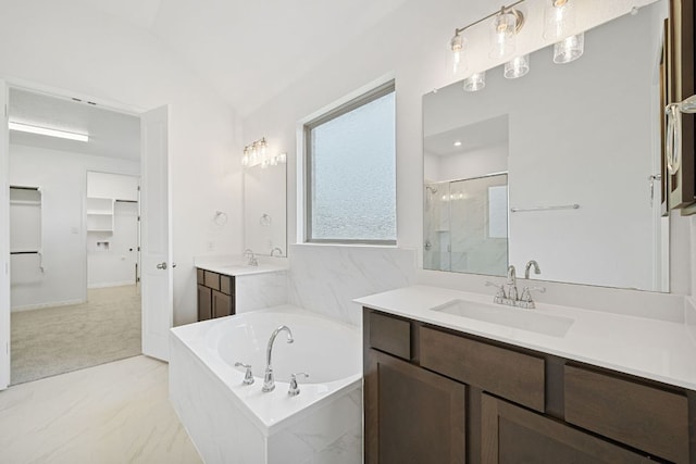 408 Ridgewell Loop, Georgetown, TX 78633 - bathroom with a stall shower, a garden tub, two vanities, lofted ceiling, and a spacious closet