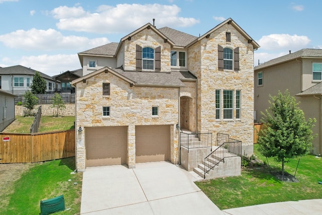 french provincial home with a garage and a front lawn