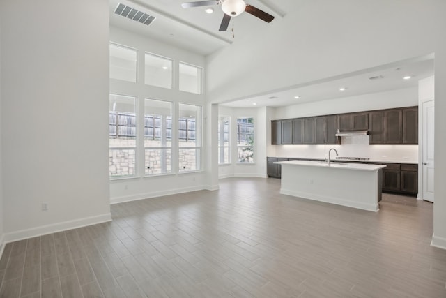 kitchen with light hardwood / wood-style floors, a towering ceiling, ceiling fan, and an island with sink