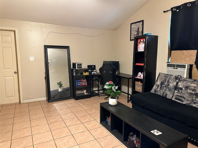 tiled living room featuring cooling unit and lofted ceiling