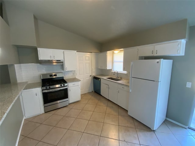 kitchen featuring sink, stainless steel range oven, black dishwasher, white fridge, and white cabinetry