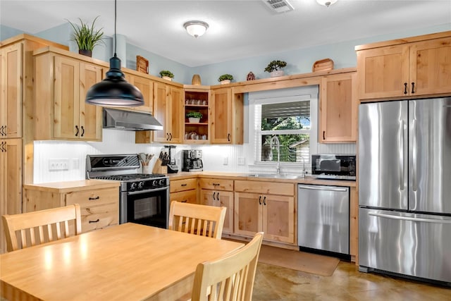 kitchen featuring sink, hanging light fixtures, stainless steel appliances, exhaust hood, and light brown cabinetry