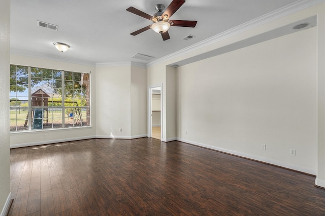 unfurnished room with crown molding, dark hardwood / wood-style floors, and ceiling fan