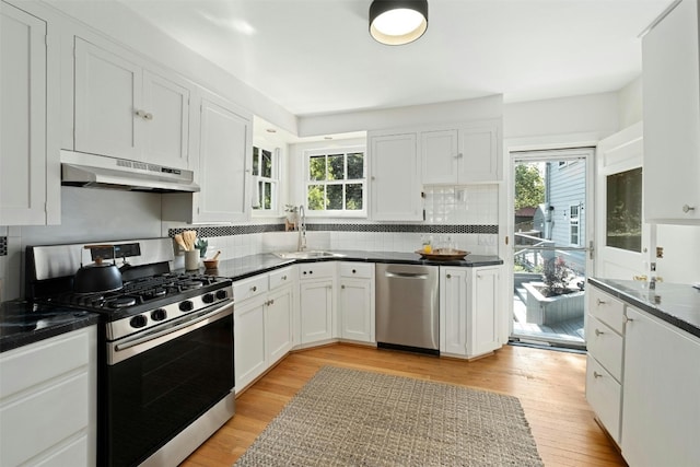 kitchen featuring appliances with stainless steel finishes, dark countertops, and under cabinet range hood