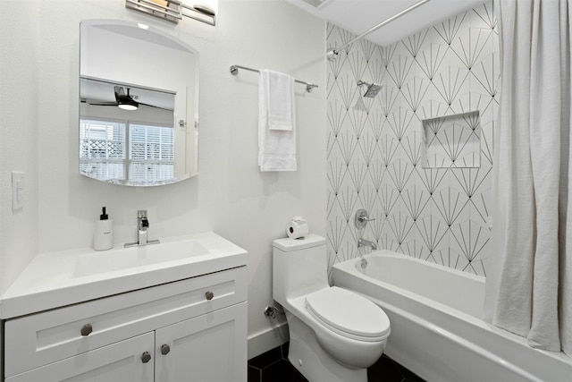 full bath featuring shower / tub combo, visible vents, vanity, and toilet