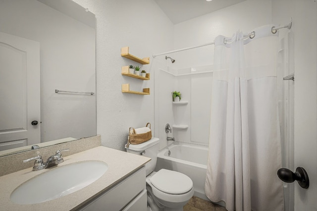 full bathroom with vanity, toilet, and shower / bathtub combination with curtain