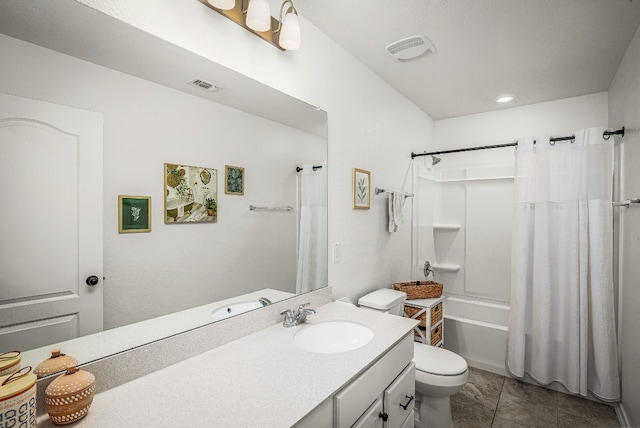 full bathroom with tile patterned floors, toilet, vanity, and shower / bath combination with curtain