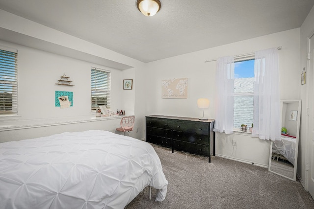 carpeted bedroom with a textured ceiling