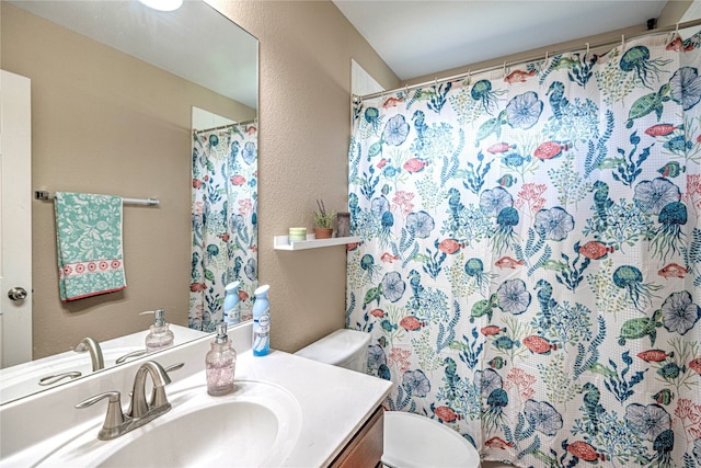 bathroom featuring vanity, toilet, and curtained shower