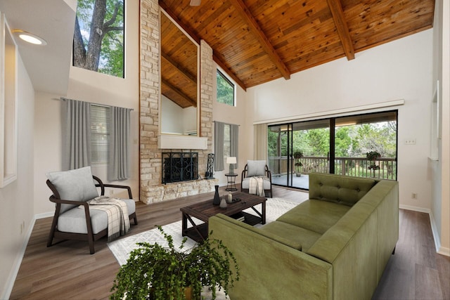 living room with a fireplace, high vaulted ceiling, and wood-type flooring