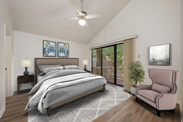 bedroom with baseboards, ceiling fan, wood finished floors, access to exterior, and high vaulted ceiling