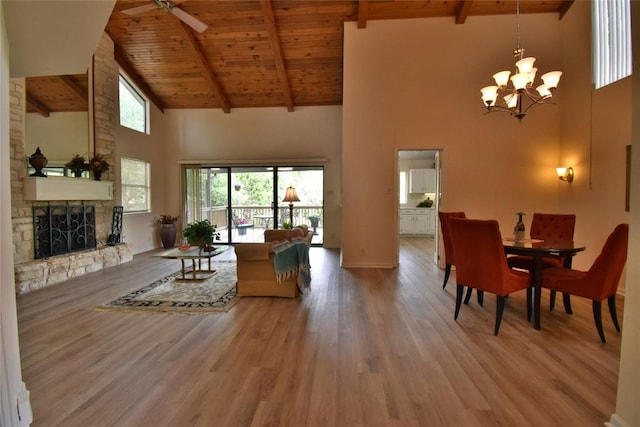 dining space with wood ceiling, beamed ceiling, high vaulted ceiling, and wood finished floors
