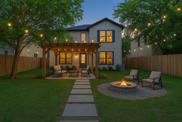 1109 Minerva St, Austin, TX 78753 - back of property at dusk with a pergola, a patio area, an outdoor living space with a fire pit, and cooling unit