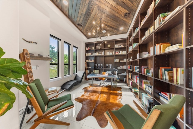 office space with high vaulted ceiling, tile patterned flooring, and wooden ceiling