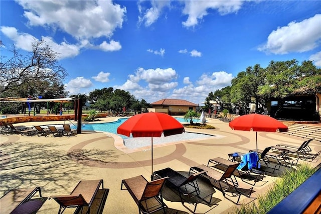 view of swimming pool featuring a patio area