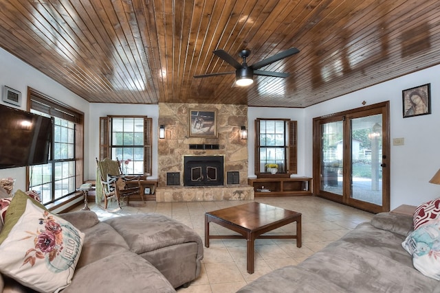 living room featuring wooden ceiling, a healthy amount of sunlight, a fireplace, and ceiling fan