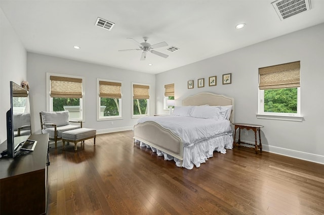 14 Margranita Cres, Austin, TX 78703 - bedroom featuring multiple windows, baseboards, wood finished floors, recessed lighting, and ceiling fan