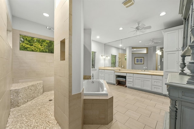 14 Margranita Cres, Austin, TX 78703 - bathroom featuring ceiling fan, a bath, vanity, tile patterned floors, and walk in shower