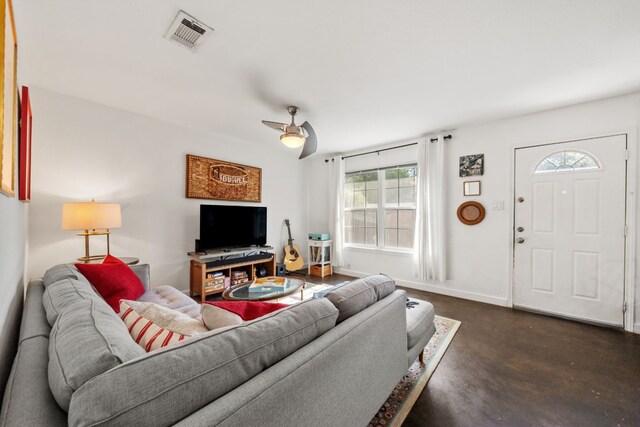 living room with ceiling fan