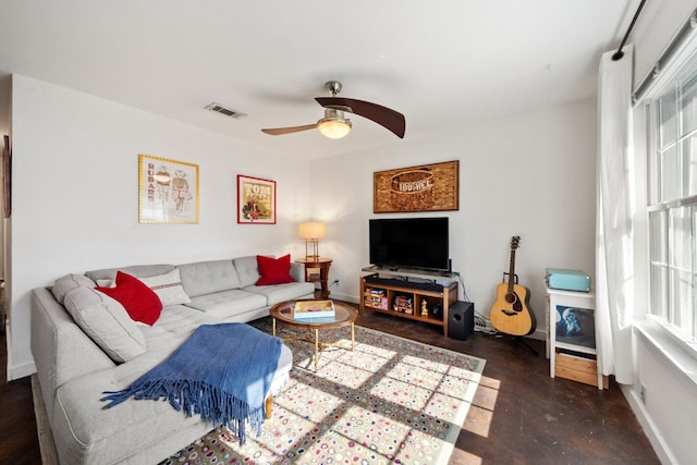 living room featuring ceiling fan