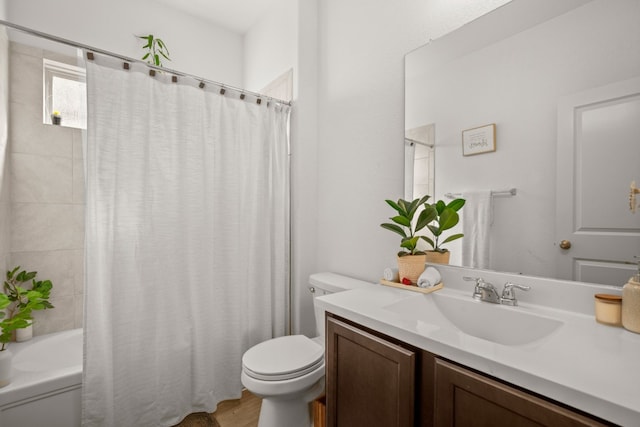 full bathroom with shower / bathtub combination with curtain, hardwood / wood-style flooring, vanity, and toilet