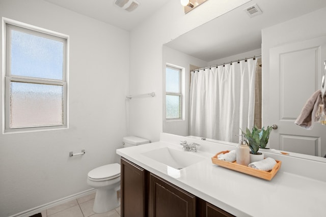 bathroom with tile patterned flooring, vanity, toilet, and plenty of natural light