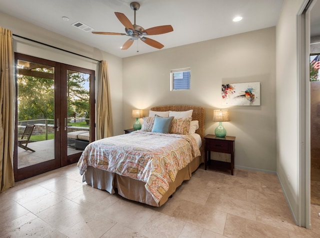 bedroom featuring ceiling fan, french doors, and access to exterior