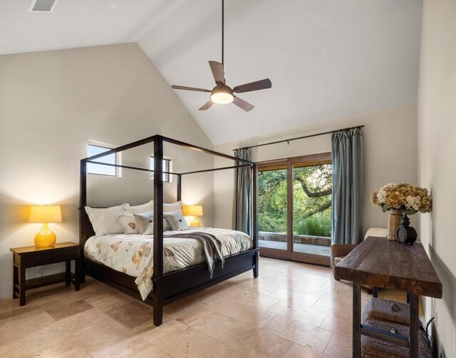 bedroom featuring ceiling fan, access to exterior, and high vaulted ceiling