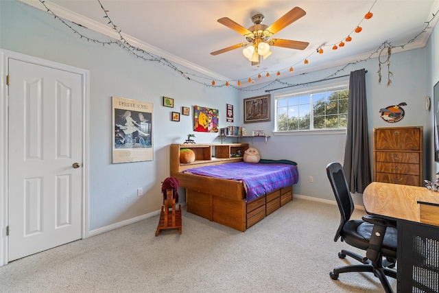 bedroom with ceiling fan and light colored carpet