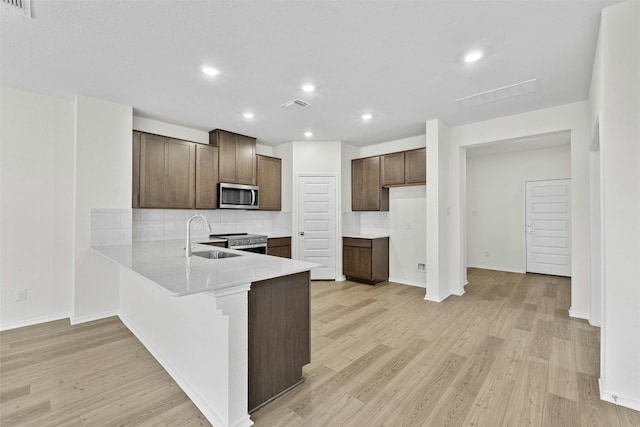 kitchen featuring decorative backsplash, dark brown cabinets, light wood-type flooring, sink, and stainless steel appliances