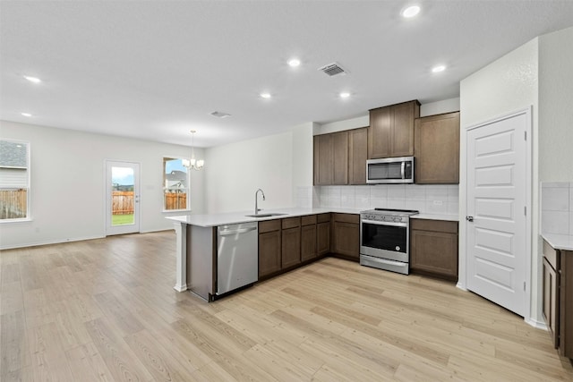 kitchen featuring hanging light fixtures, kitchen peninsula, sink, light wood-type flooring, and appliances with stainless steel finishes