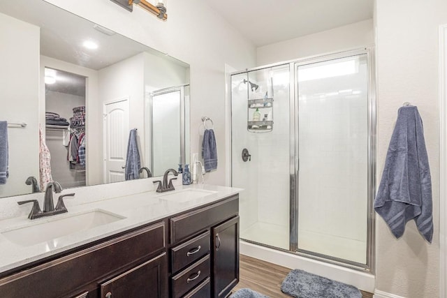 bathroom featuring a sink, double vanity, wood finished floors, and a shower stall