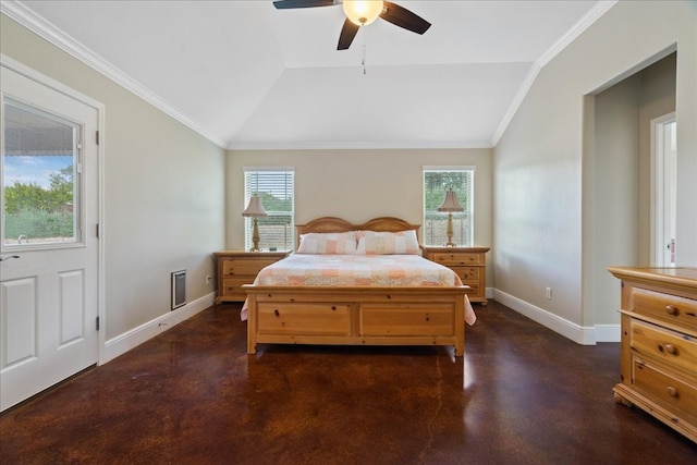 bedroom with multiple windows, lofted ceiling, and ceiling fan