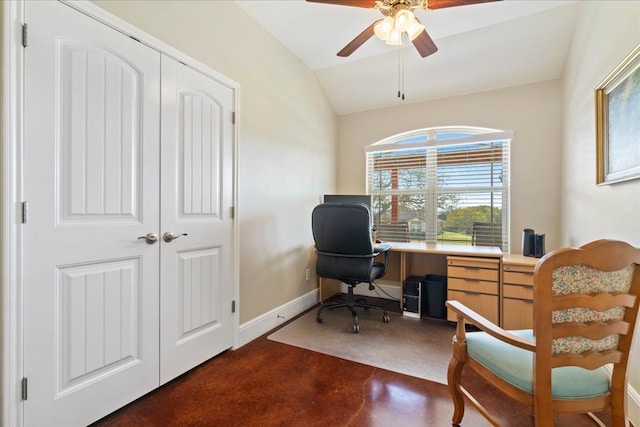 office space with ceiling fan and vaulted ceiling